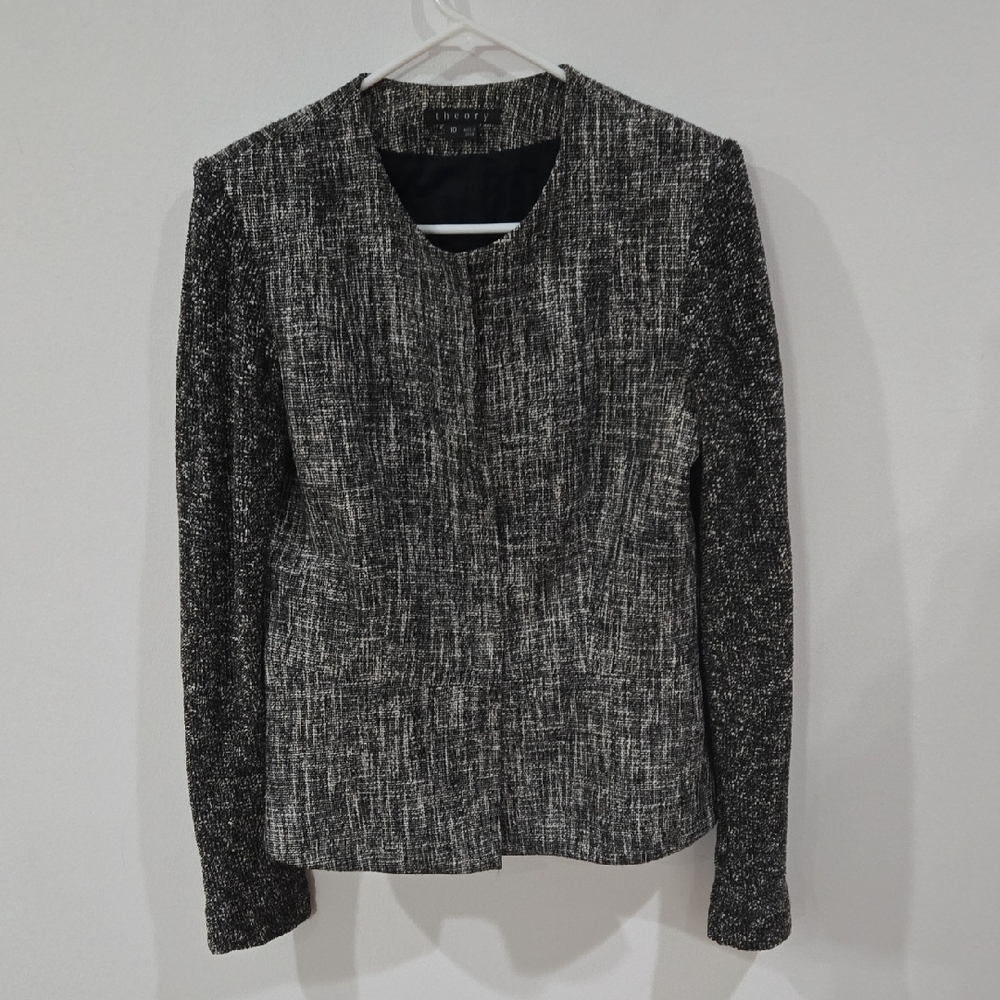 Theory Sz 10 Alimo Peplum Tweed Jacket Theory Black and Gray Textured Blazer